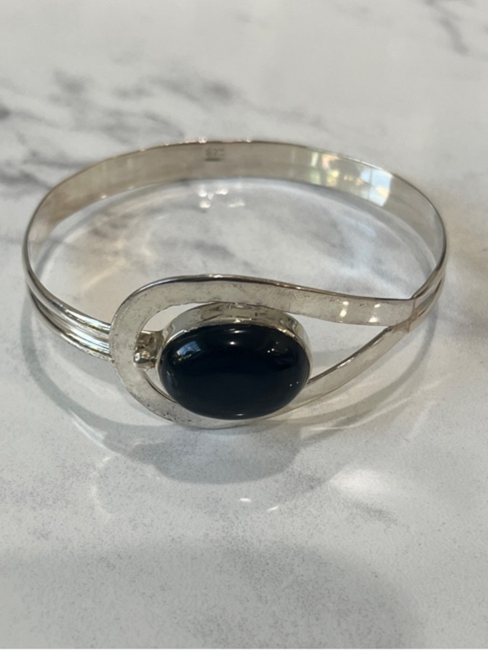 Sterling Silver Bangle Bracelet with Black Oval Onyx Stone